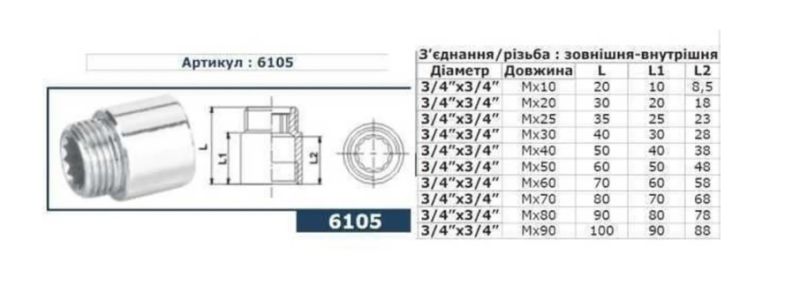 Удлинитель SOLOMON 3/4" хром 40мм 6105